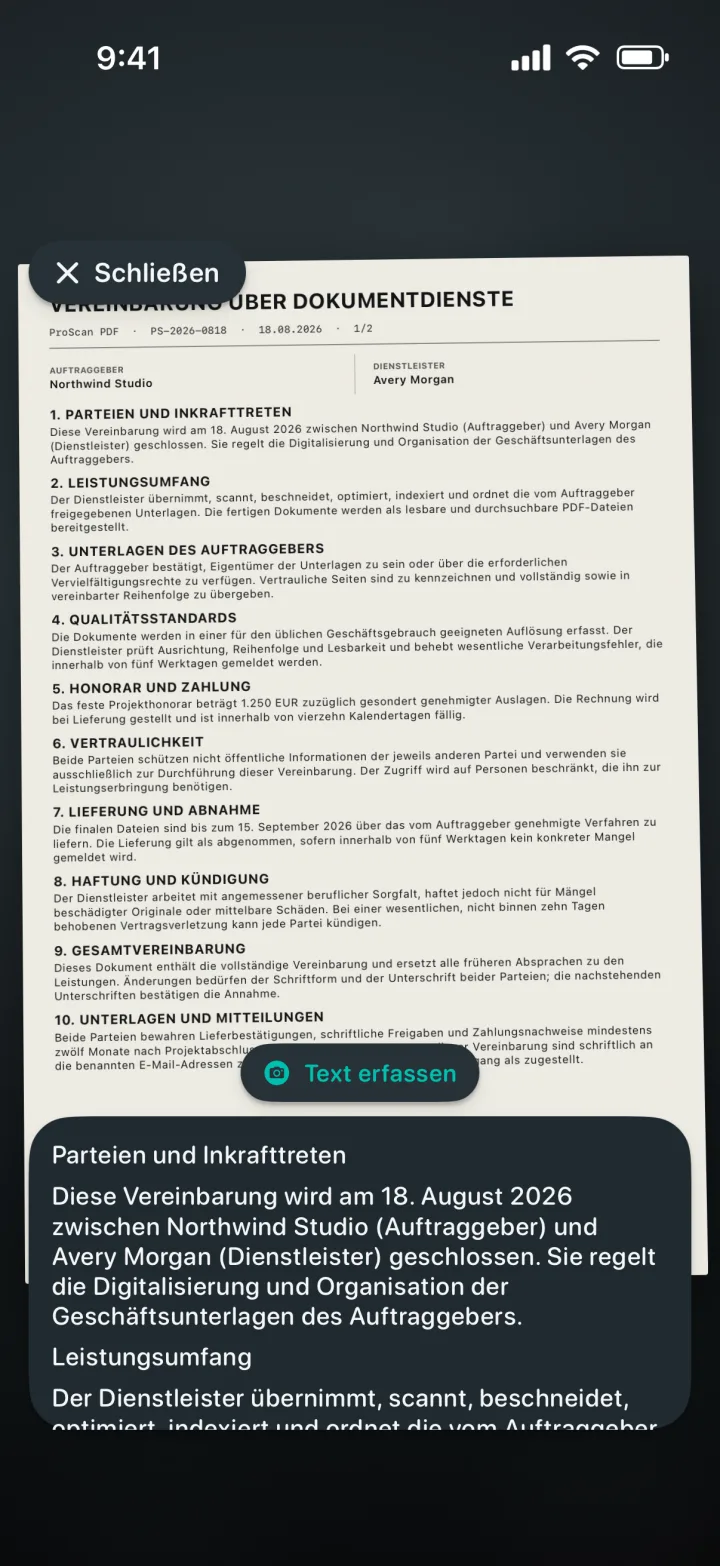 Live-OCR erkennt Text in einem Dokument