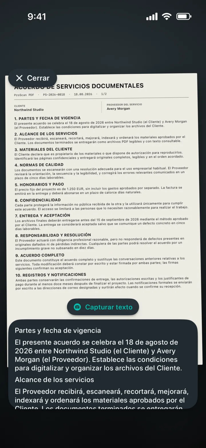 OCR en vivo reconociendo el texto de un documento