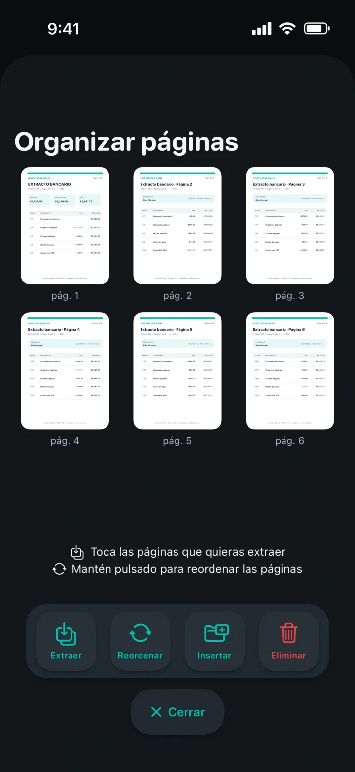 Pantalla Organizar páginas con vistas previas