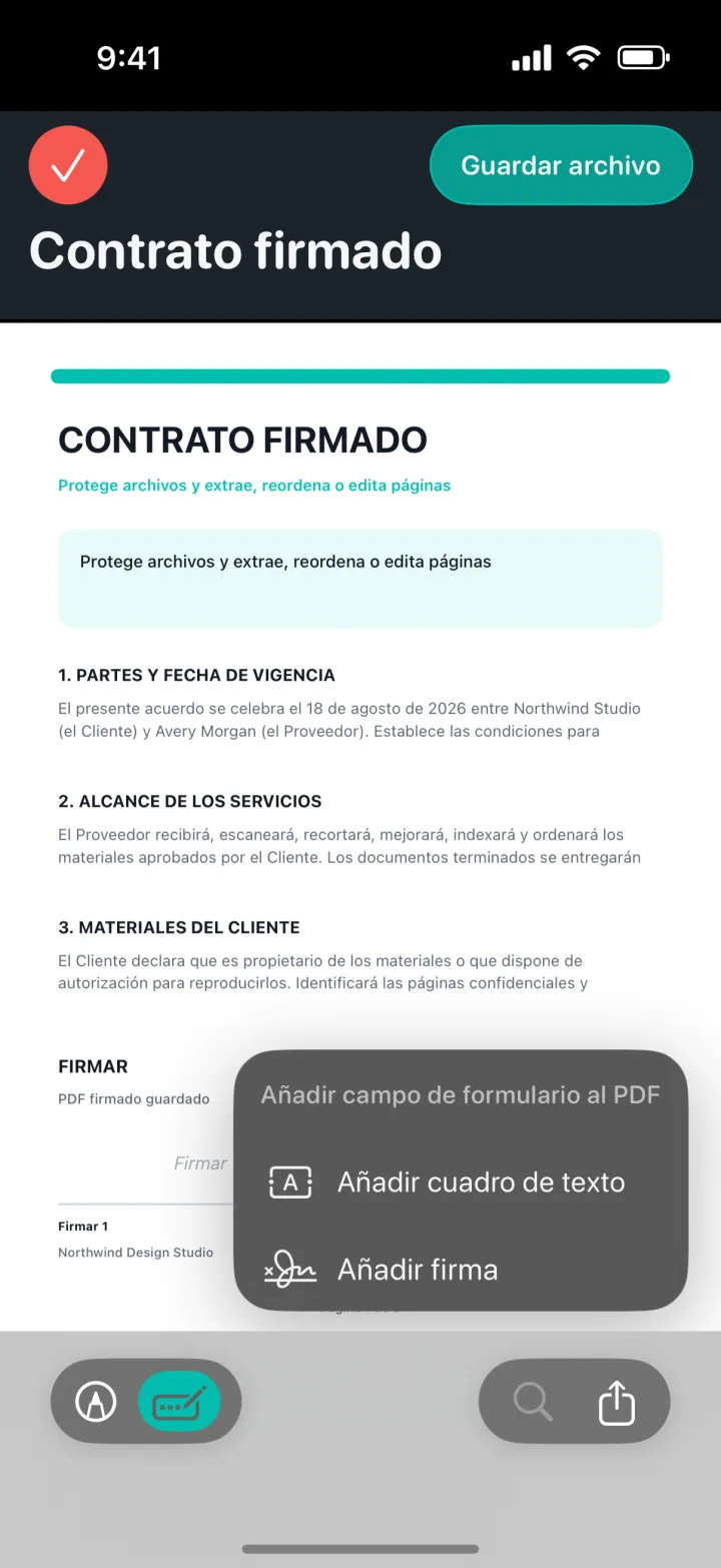 Opciones de firma y campo de texto sobre un PDF en ProScan PDF