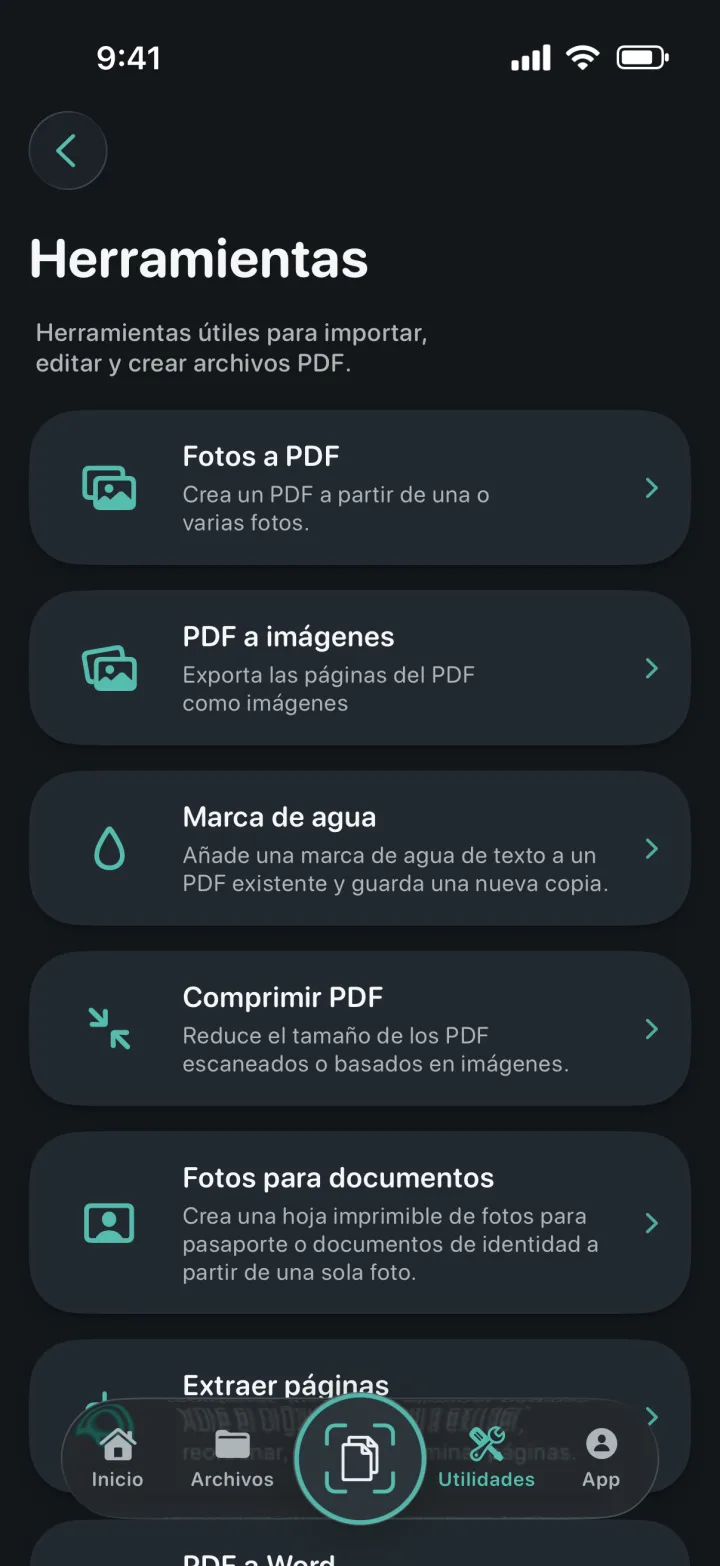 Pantalla de herramientas de ProScan PDF