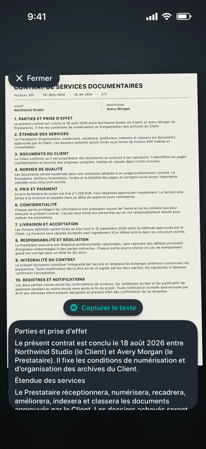 OCR en direct reconnaissant le texte d’un document