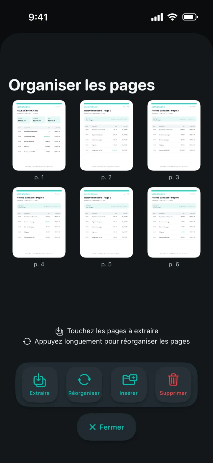 Écran Organiser les pages avec aperçu des pages