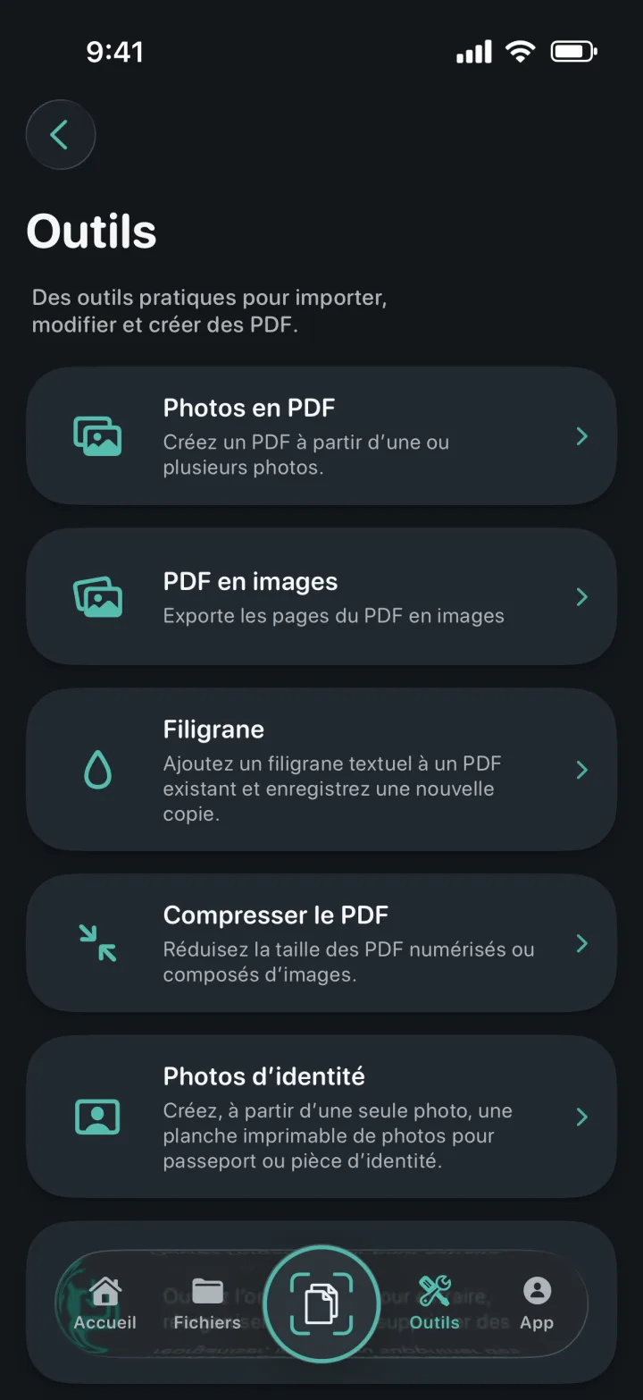 Écran des outils de ProScan PDF