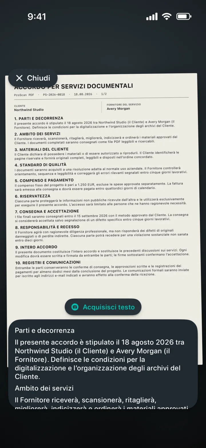 OCR in tempo reale che riconosce il testo di un documento
