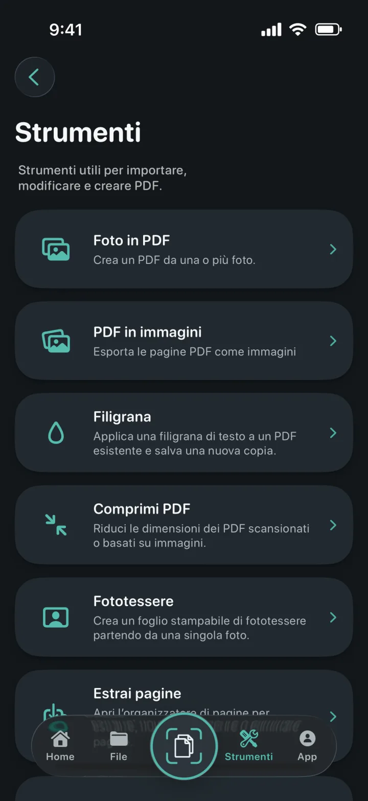 Schermata degli strumenti di ProScan PDF