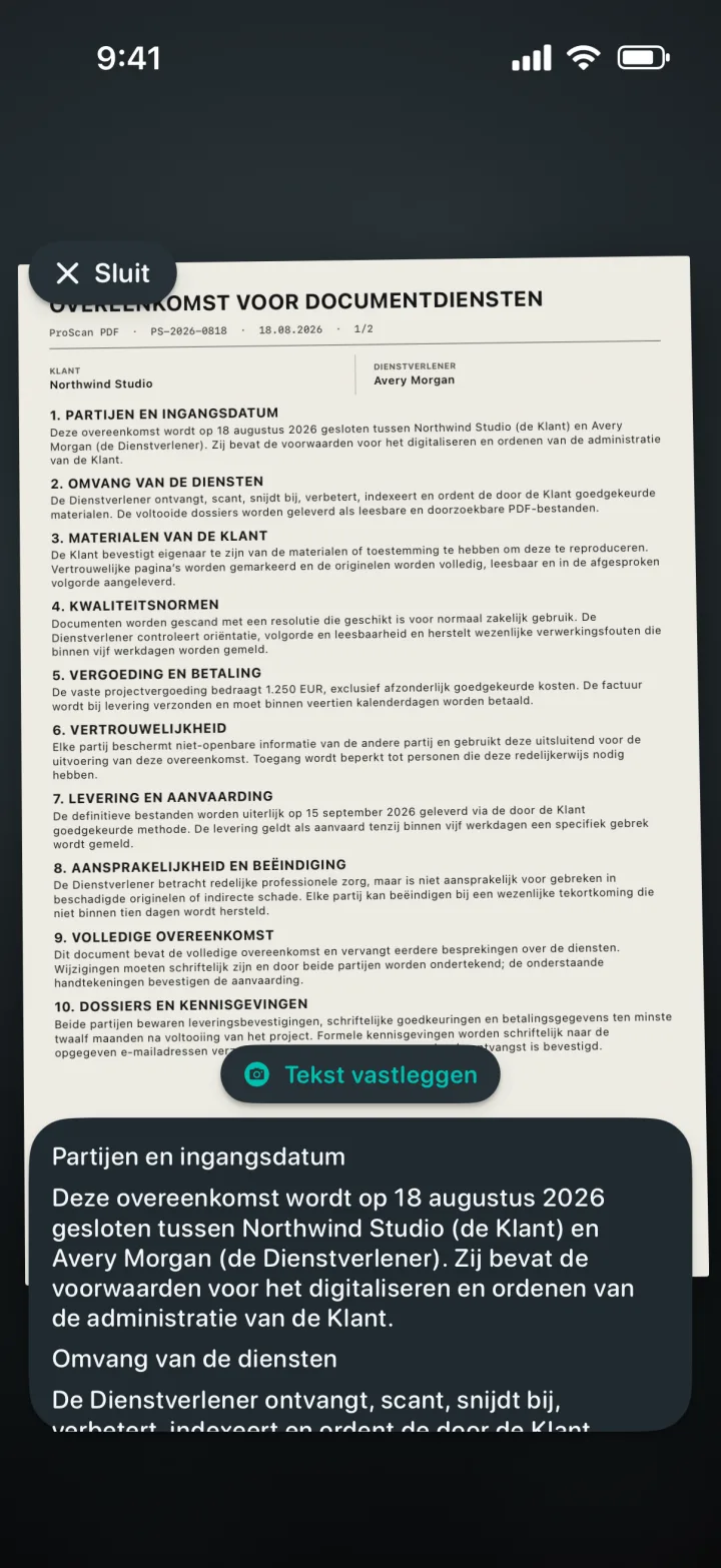Live OCR herkent tekst in een document