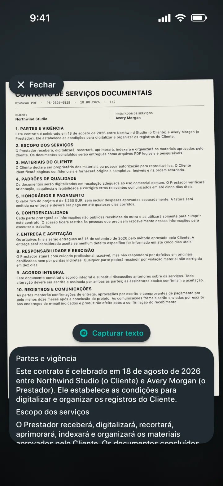 OCR ao vivo reconhecendo o texto de um documento