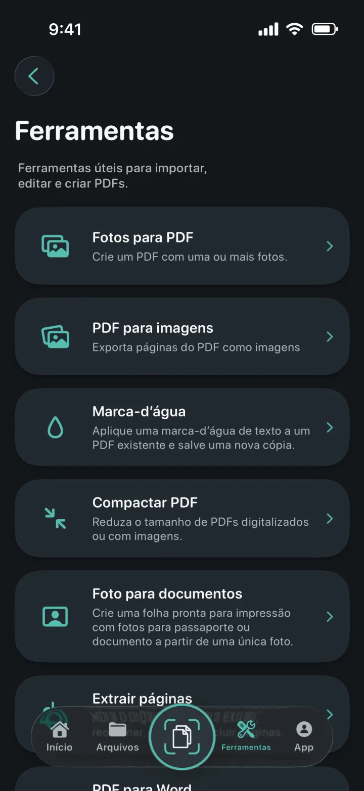Tela de ferramentas do ProScan PDF