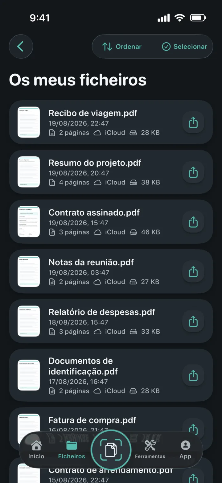 Biblioteca Os meus ficheiros no ProScan PDF
