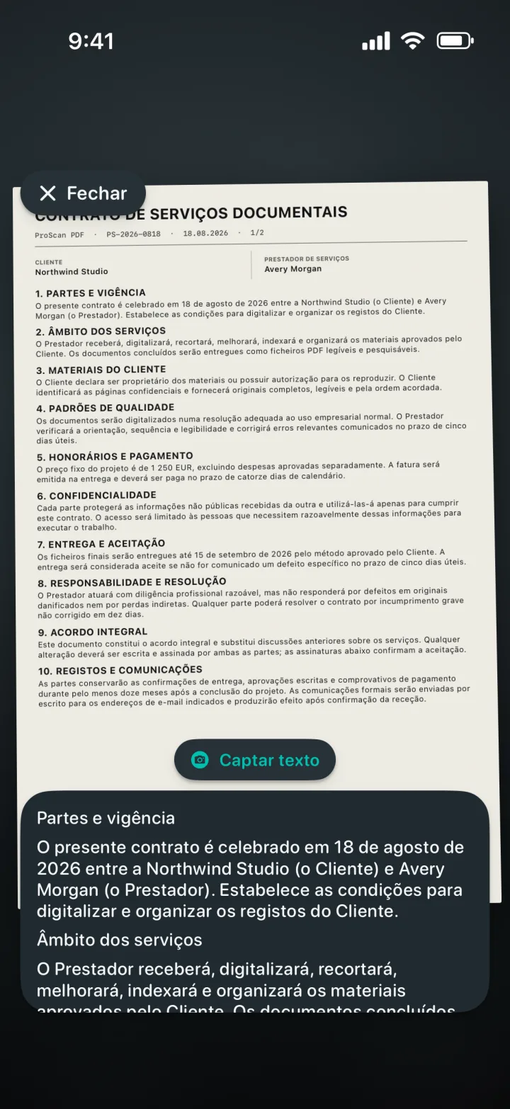 OCR em direto a reconhecer texto de um documento