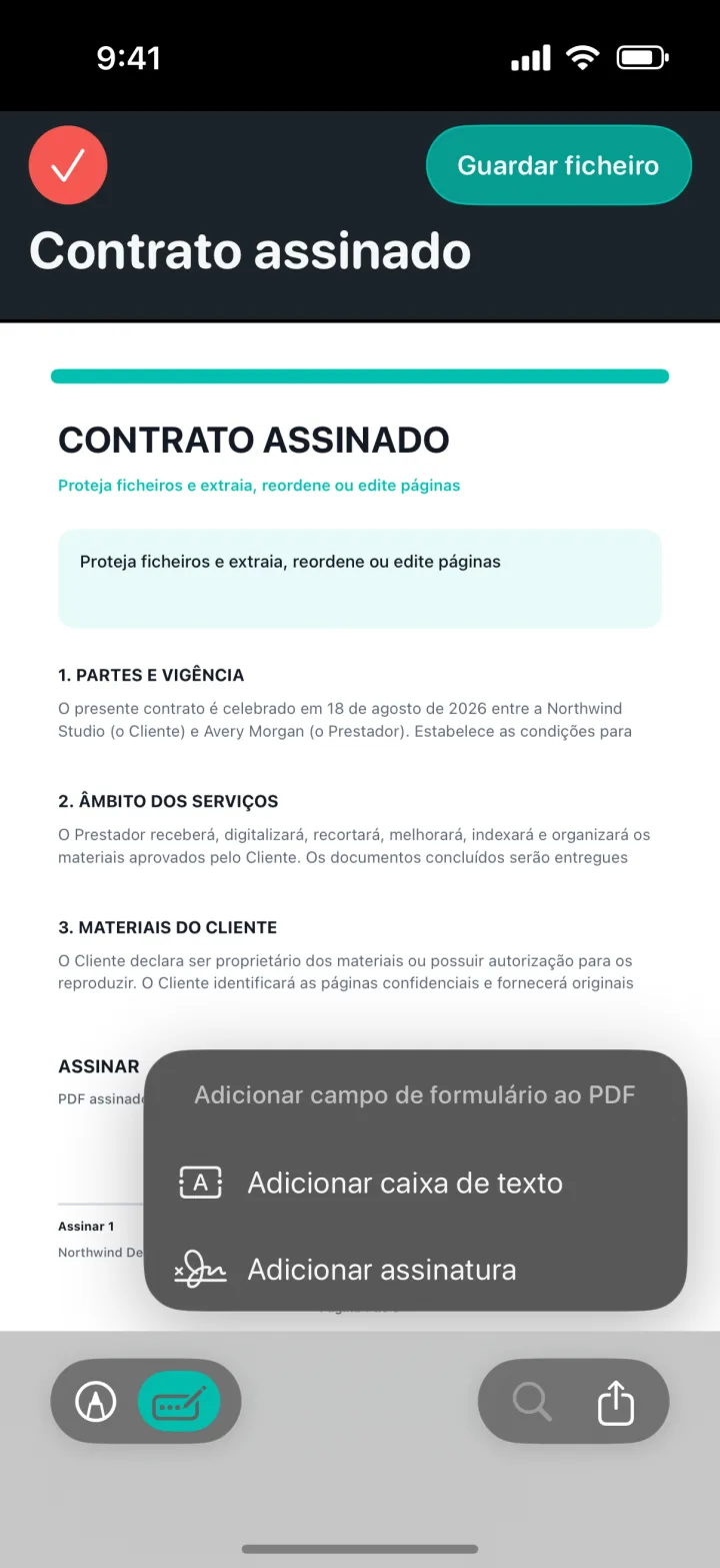 Opções de assinatura e caixa de texto sobre um PDF no ProScan PDF