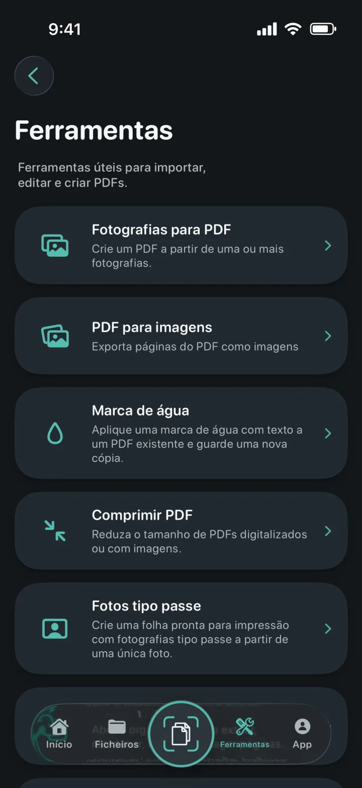 Ecrã de ferramentas do ProScan PDF