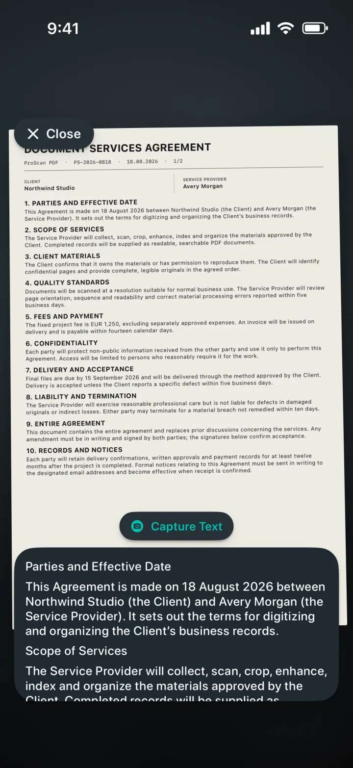 Live OCR recognizing text from a document