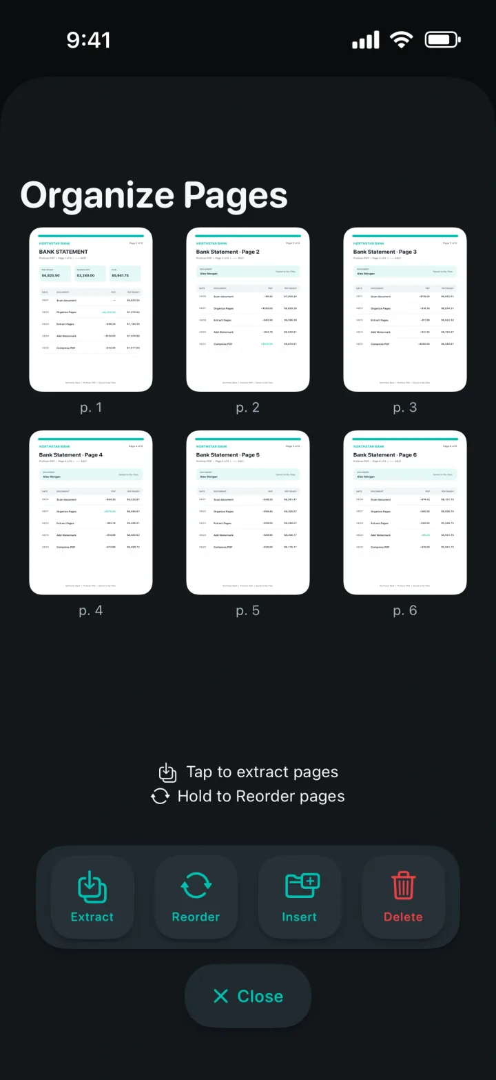 Organize Pages screen with page previews