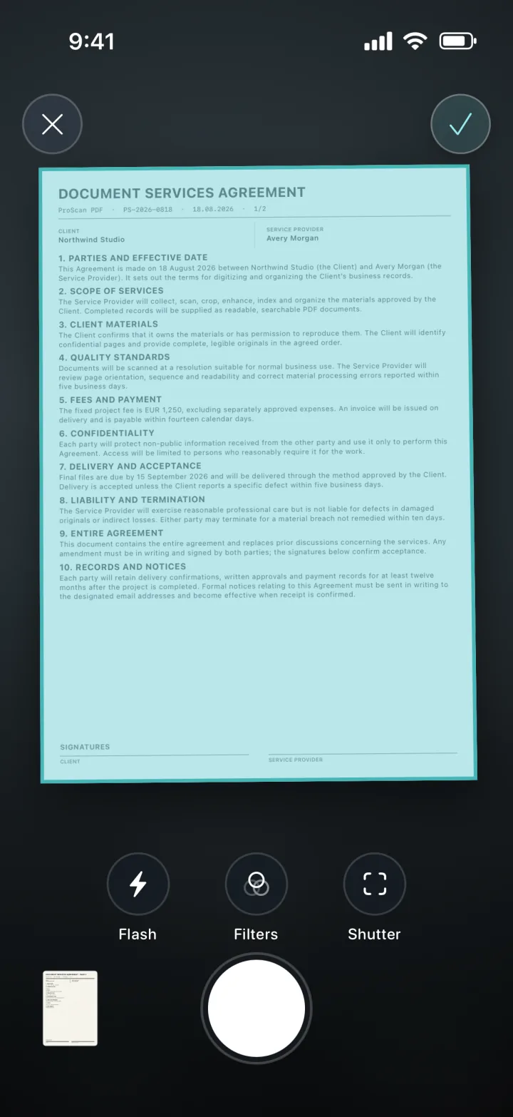 Document being captured in the ProScan PDF scanner