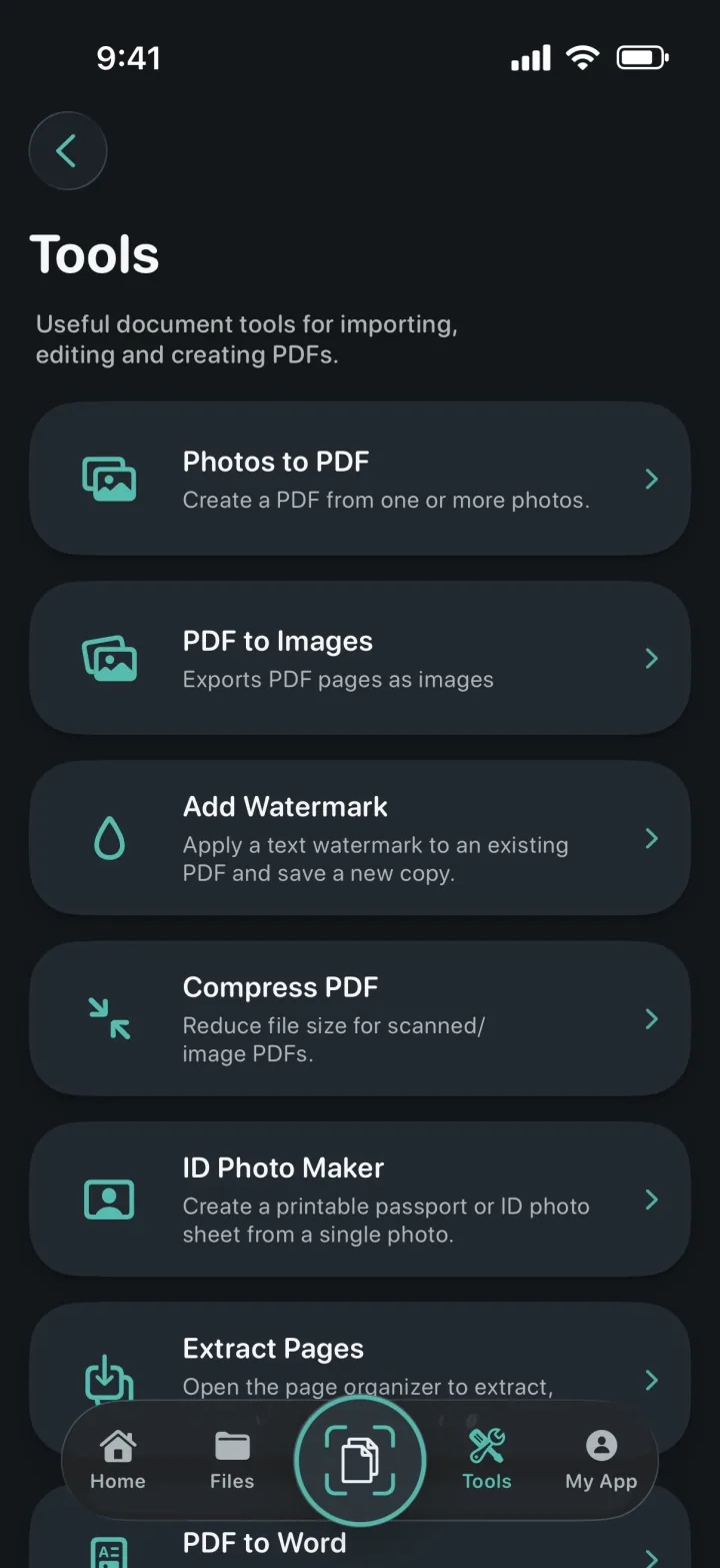 ProScan PDF tools screen