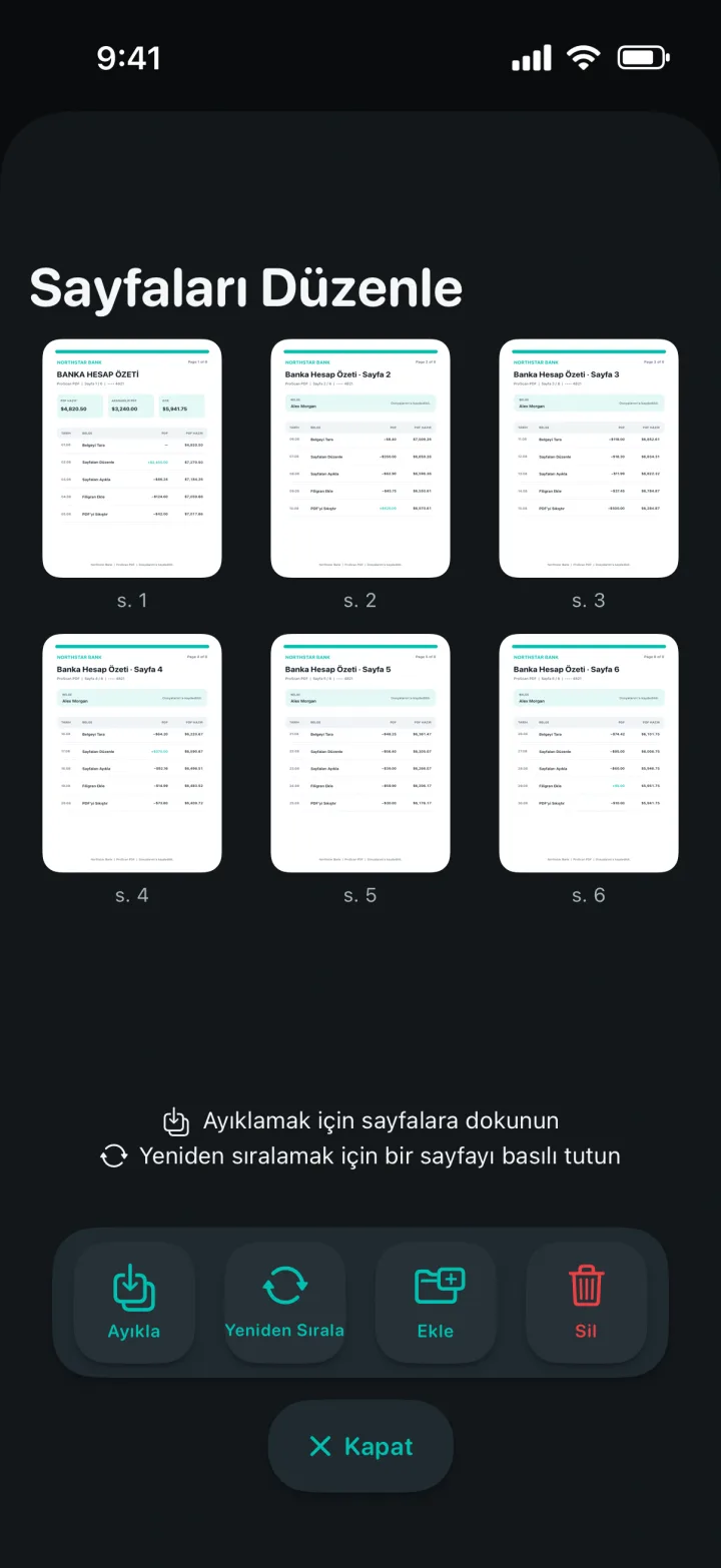 Sayfa önizlemeleriyle Sayfaları Düzenle ekranı
