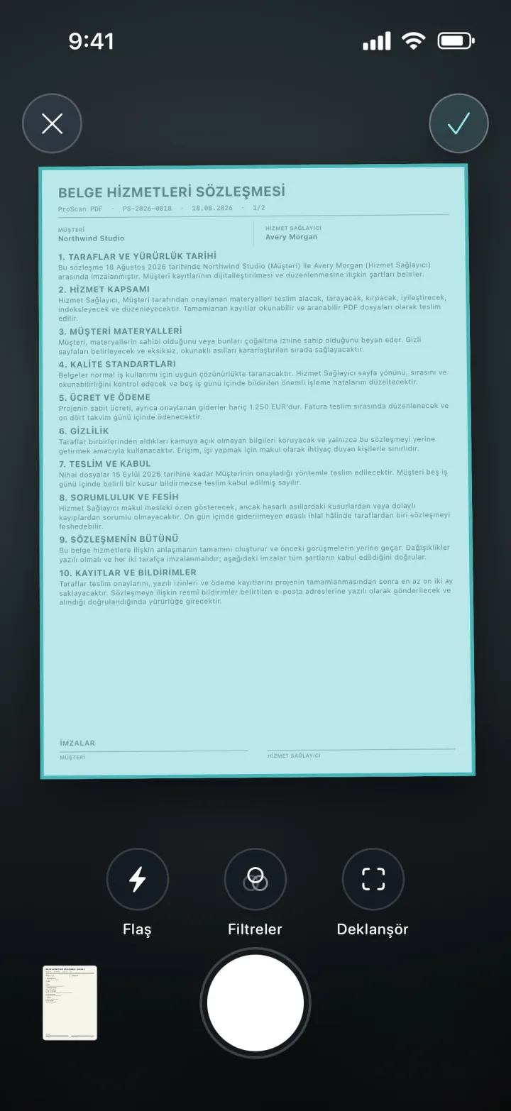 ProScan PDF tarayıcısında çekilen belge