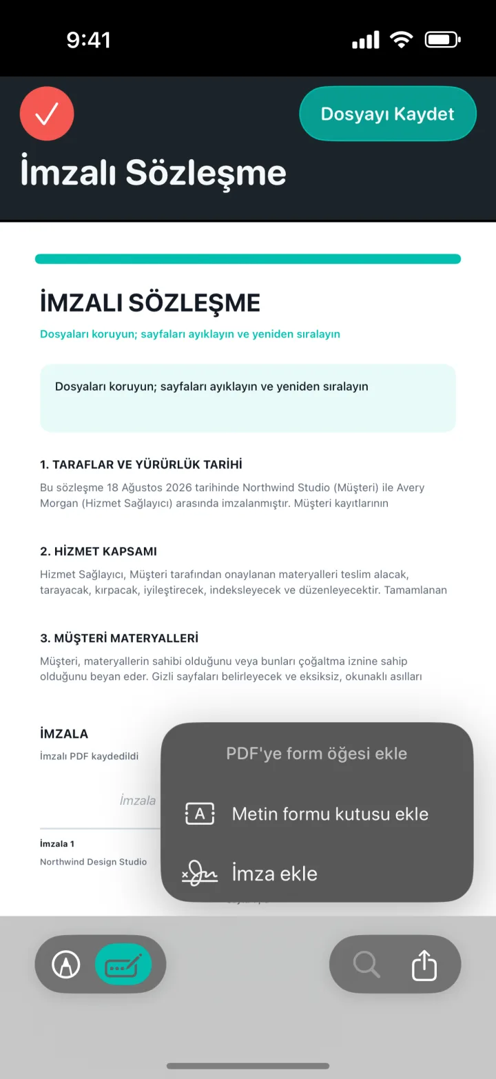 ProScan PDF’de PDF üzerinde gösterilen imza ve metin formu seçenekleri