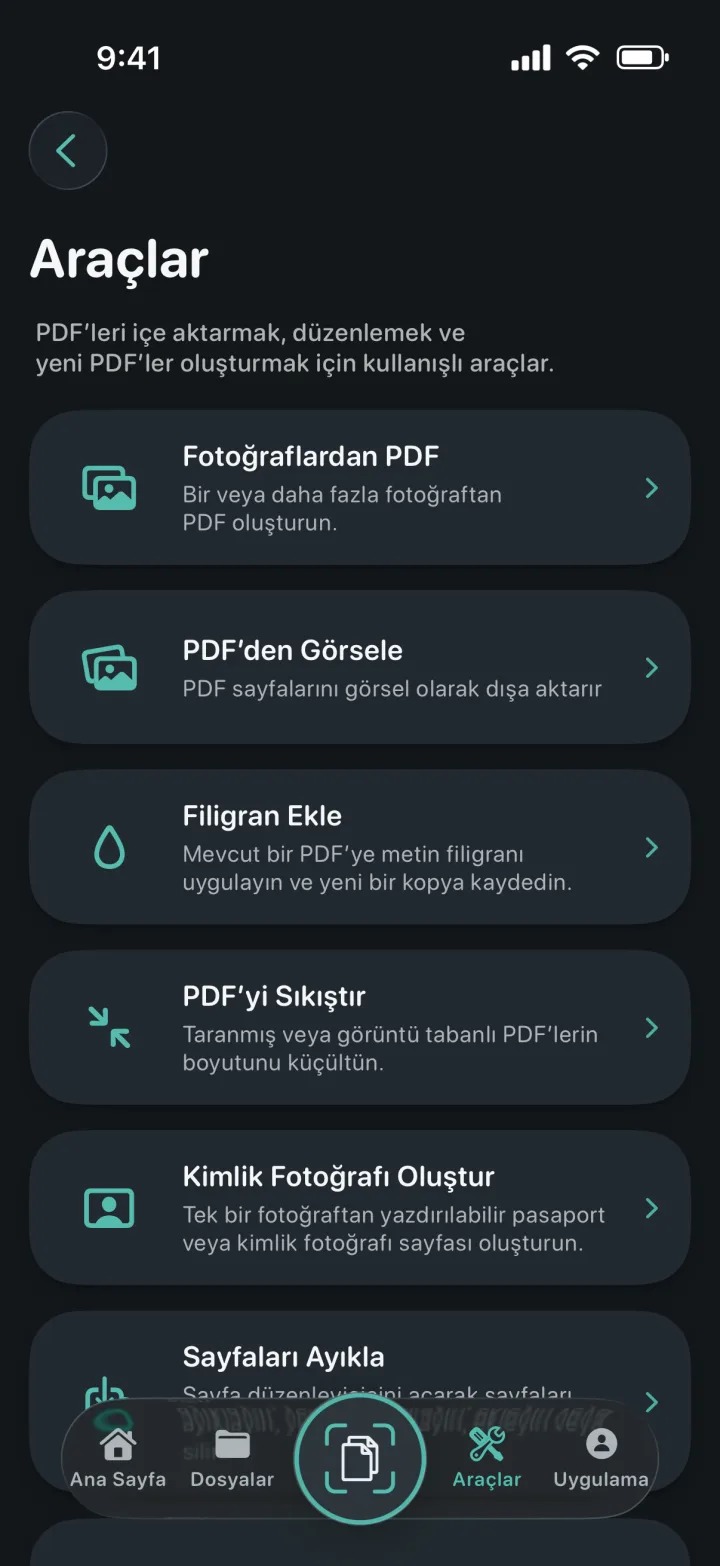 ProScan PDF araçlar ekranı